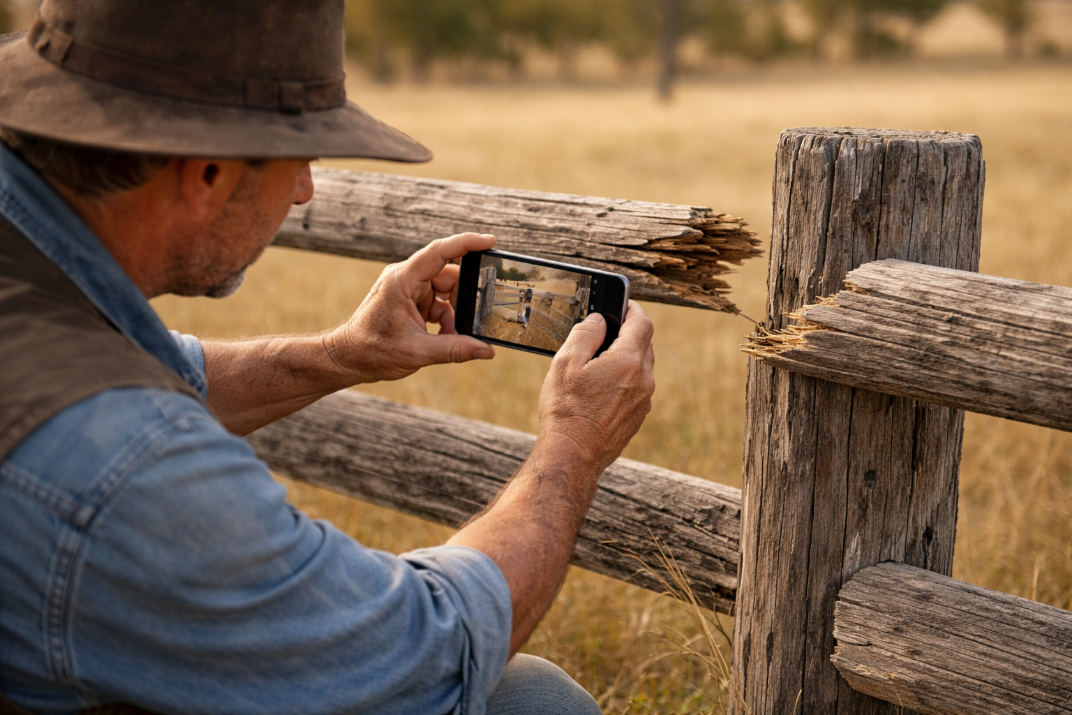 Farmer photographing a broken fence to create a task